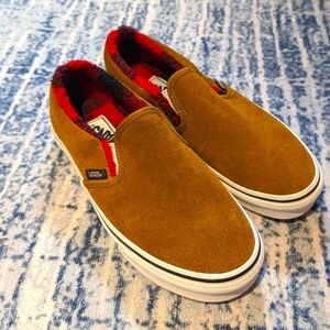 Tan with Red plaid Sherpa interior Cozy Hug slip-on Vans